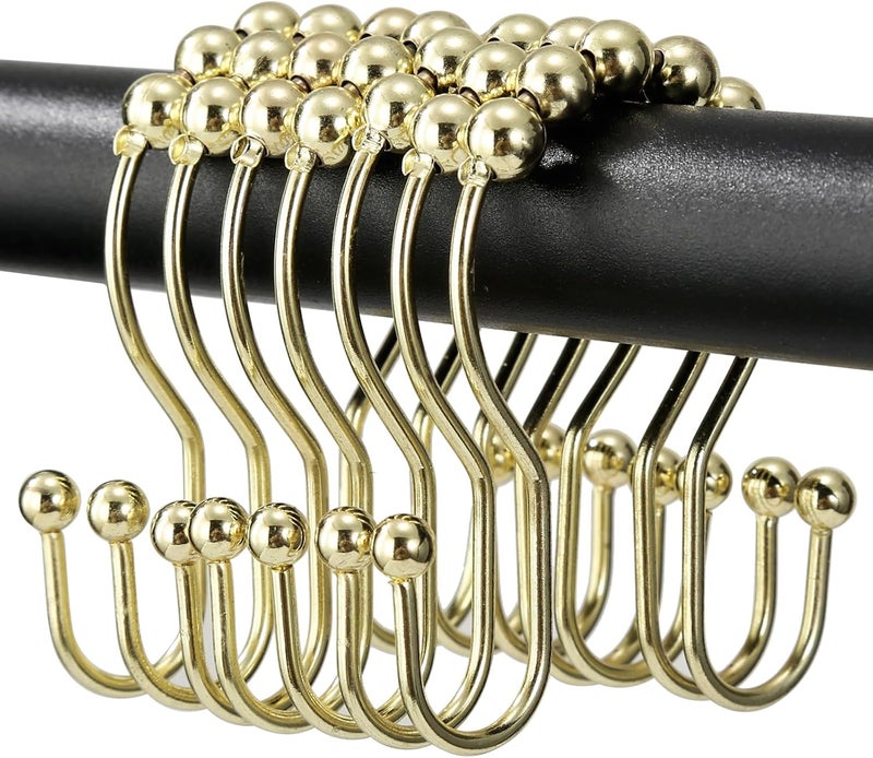 OEH Shower Curtain Hooks, Shower Curtain Rings, Gold Shower Curtain Hooks Rust Proof, Smooth Gliding Metal Shower Curtain Rings Rust Proof, Double Shower Hooks for Shower Curtain, 12 Pcs, Gold - Image 1